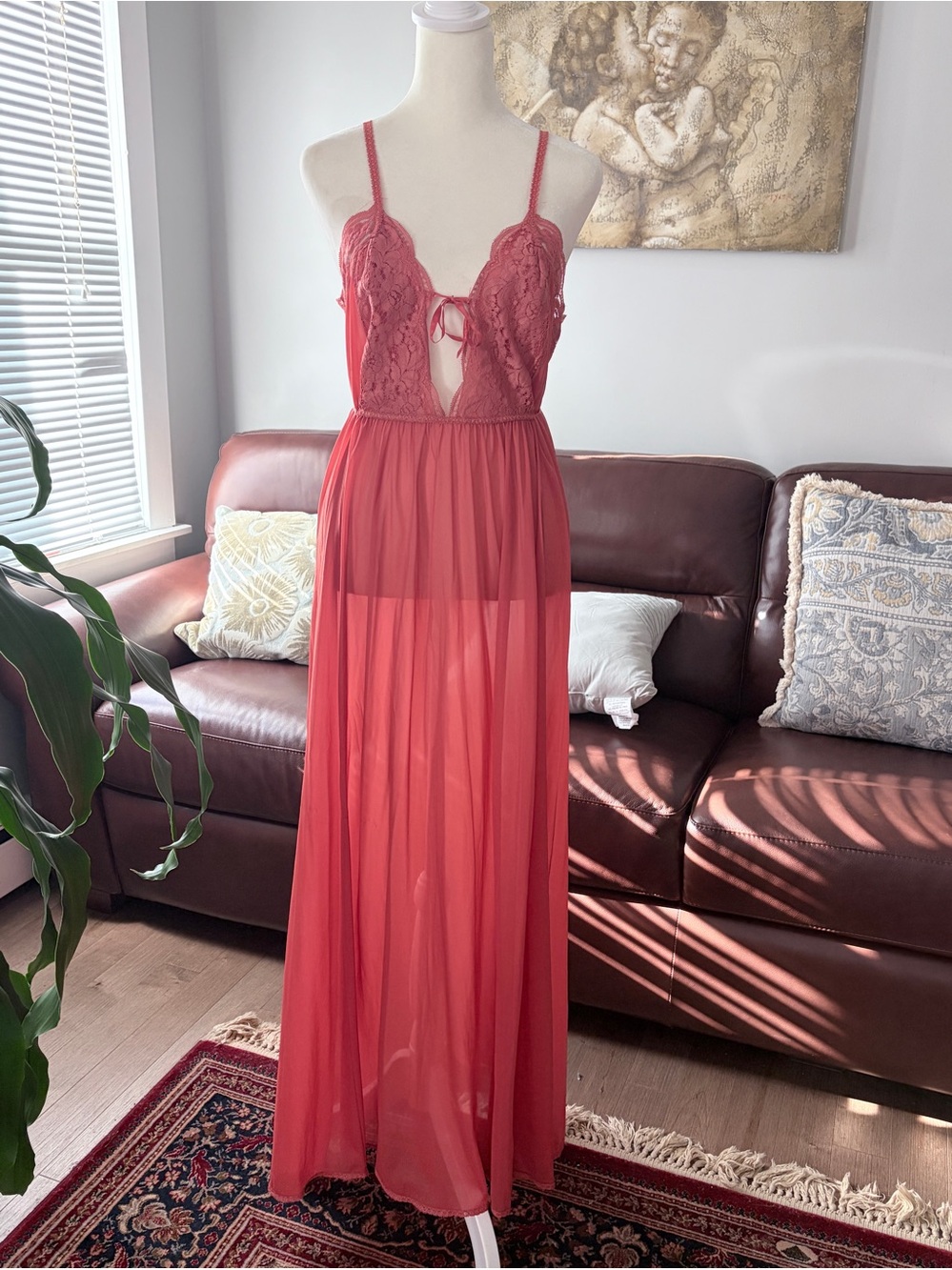 Vintage Coral Lace Trim Sheer Slip Maxi Nightgown Boudoir Lounge S